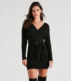 Style 06005-0816 Windsor Black Size 4 Long Sleeve Mini Straight Dress on Queenly