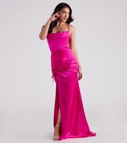 Style 05002-2501 Windsor Pink Size 12 Satin Sorority Formal Side slit Dress on Queenly