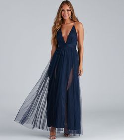 Style 05002-5195 Windsor Blue Size 4 Black Tie Sheer Plunge Prom Side slit Dress on Queenly