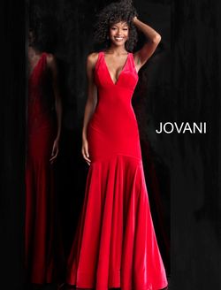 Jovani Red Size 4 Floor Length Fitted Plunge Velvet Straight Dress on Queenly