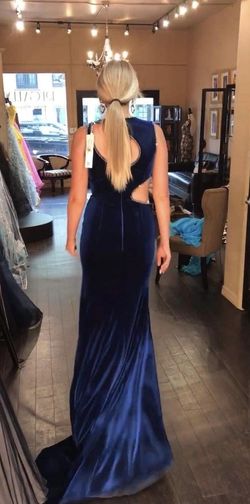 Jovani Couture Blue Size 4 Velvet Black Tie Side slit Dress on Queenly