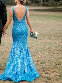 Jovani Blue Size 4 Floor Length Straight Dress on Queenly