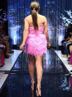 Style 8159 Marc Defang Pink Size 6 Sheer Euphoria Plunge Feather Cocktail Dress on Queenly