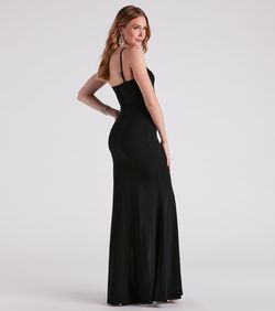 Style 05002-6798 Windsor Black Size 0 Bridesmaid A-line Prom Jersey Spaghetti Strap Side slit Dress on Queenly