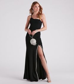 Style 05002-6798 Windsor Black Size 4 A-line Prom Jersey Spaghetti Strap Side slit Dress on Queenly