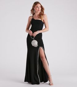 Style 05002-6798 Windsor Black Size 8 A-line Prom Jersey Spaghetti Strap Side slit Dress on Queenly