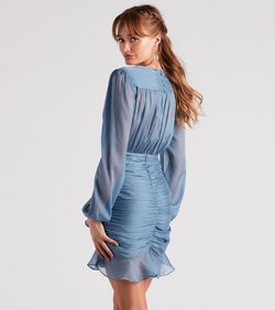 Style 05101-2218 Windsor Blue Size 4 Sleeves Tall Height Ruffles Jersey Side slit Dress on Queenly