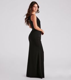 Style 05002-2920 Windsor Black Size 4 Prom Mermaid Jersey Spaghetti Strap Side slit Dress on Queenly