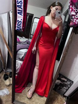 Jovani Red Size 0 Floor Length Cape Tall Height Side slit Dress on Queenly