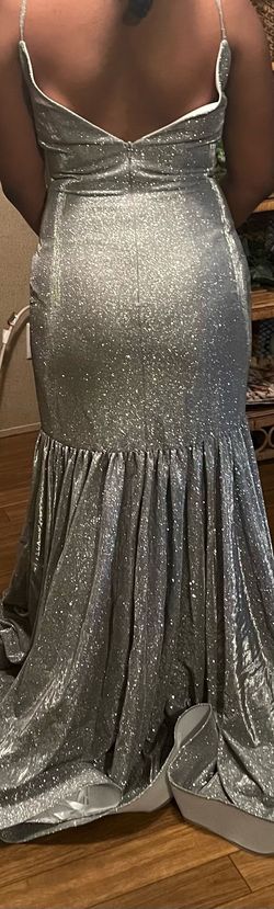 Madison James Silver Size 8 Medium Height Floor Length Short Height Free Shipping Mermaid Dress on Queenly
