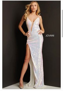 Jovani White Size 0 Appearance Spaghetti Strap Plunge Liquid Beaded Prom Side slit Dress on Queenly