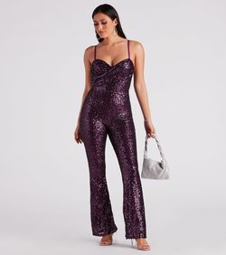 Style 06502-2274 Windsor Purple Size 4 Jewelled Flare Jersey Spaghetti Strap Jumpsuit Dress on Queenly