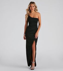 Style 05002-0952 Windsor Black Size 4 A-line Prom Jersey Party Side slit Dress on Queenly