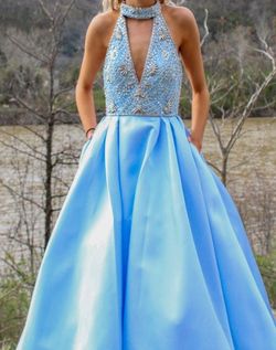 Sherri Hill Blue Size 0 Floor Length V Neck Black Tie Ball gown on Queenly