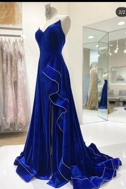 Johnathan Kayne Blue Size 8 Side Slit Floor Length Velvet A-line Dress on Queenly