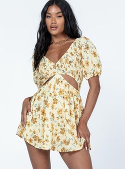 Style 1146512 Princess Polly Yellow Size 6 Euphoria Print Black Tie V Neck Cocktail Dress on Queenly