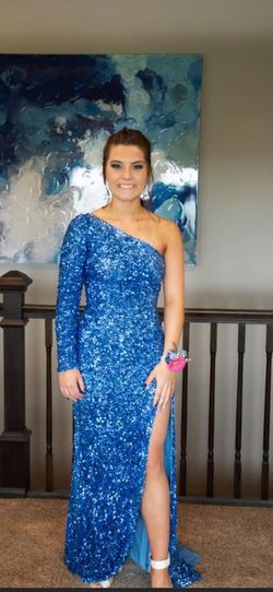 Sherri Hill Blue Size 4 Asymmetrical 50 Off Long Sleeve Sequin Straight Dress on Queenly
