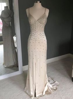 Jovani Nude Size 6 Side Slit Silk Floor Length Straight Dress on Queenly