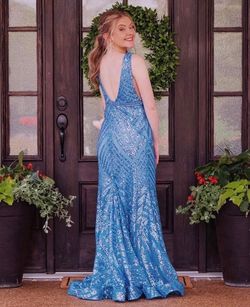 Jovani Blue Size 4 Military Train Mermaid Dress on Queenly