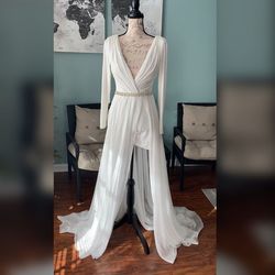 Jovani White Size 2 Overskirt Bridal Shower Long Sleeve Jumpsuit Dress on Queenly