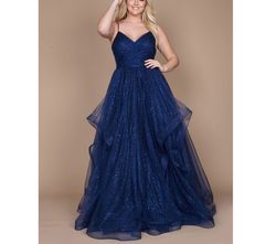 Style Navy Blue Sparkle Glitter Tulle Ruffle A-line Formal Ball Gown Dylan & David  Blue Size 16 Polyester Floor Length Ball gown on Queenly
