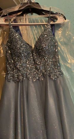 Jovani Blue Size 4 Black Tie Sequined Military Beaded Top A-line Dress on Queenly
