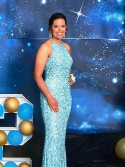 Sherri Hill Blue Size 8 Military Floor Length Straight Dress on Queenly