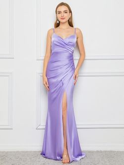 Style FSWD0024A Faeriesty Purple Size 16 V Neck Silk Lavender Floor Length Side slit Dress on Queenly