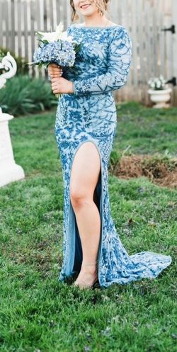 Sherri Hill Blue Size 2 High Neck Long Sleeve Pattern Prom 50 Off Side slit Dress on Queenly