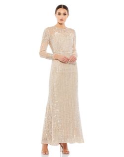Mac Duggal Nude Size 2 High Neck 50 Off Long Sleeve Sequin Straight Dress on Queenly