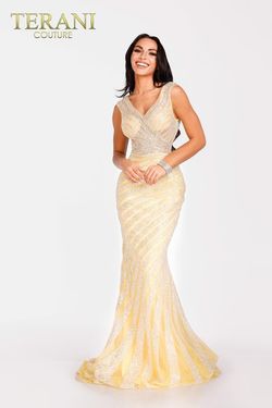 Style 231E0620 Terani Couture Yellow Size 20 Pageant Plus Size Floor Length Mermaid Dress on Queenly
