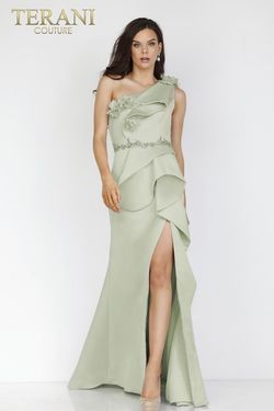 Style 231E0309 Terani Couture Green Size 18 Side slit Dress on Queenly