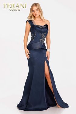 Style 231E0253 Terani Couture Blue Size 12 Pageant Plus Size Floor Length Side slit Dress on Queenly