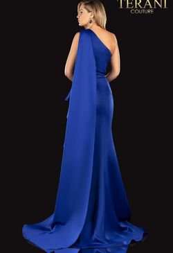 Style 2021E2839 Terani Couture Blue Size 12 Floor Length Side slit Dress on Queenly