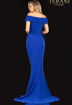 Style 2021M2986 Terani Couture Blue Size 22 Tall Height Black Tie Side slit Dress on Queenly