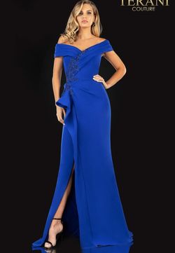 Style 2021M2986 Terani Couture Blue Size 12 Floor Length Side slit Dress on Queenly