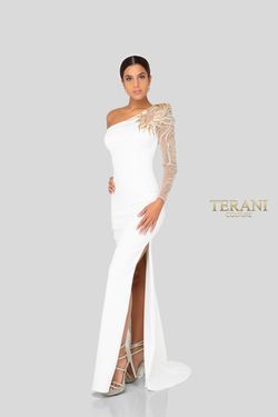 Style 1911E9094 Terani Couture White Size 8 Tall Height Ivory Side slit Dress on Queenly