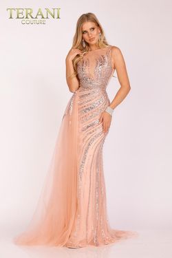 Style 231GL0413 Terani Couture Nude Size 6 Pageant Floor Length Straight Dress on Queenly