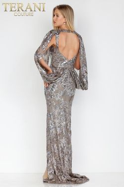 Style 231M0356 Terani Couture Silver Size 10 Floor Length Side slit Dress on Queenly