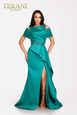 Style 231M0471 Terani Couture Green Size 14 Tall Height Side slit Dress on Queenly