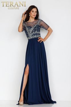 Style 231M0341 Terani Couture Blue Size 6 Navy Black Tie Side slit Dress on Queenly