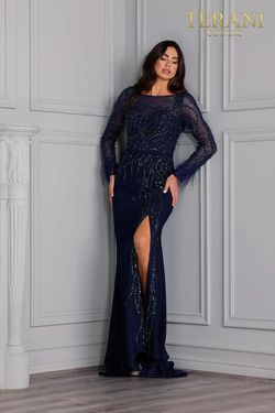 Style 2111M5277 Terani Couture Blue Size 12 Tall Height Navy Black Tie Side slit Dress on Queenly