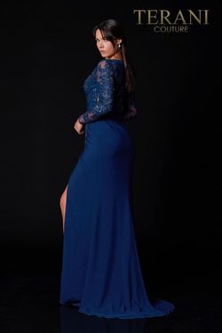Style 2111M5275 Terani Couture Blue Size 10 Navy Side slit Dress on Queenly