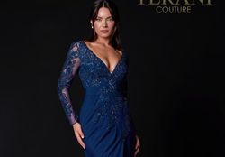 Style 2111M5275 Terani Couture Blue Size 14 Floor Length Pageant Side slit Dress on Queenly