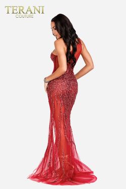Style 231P0560 Terani Couture Red Size 8 Burgundy Pageant Side slit Dress on Queenly