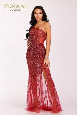 Style 231P0560 Terani Couture Red Size 0 Pageant Prom Floor Length Side slit Dress on Queenly