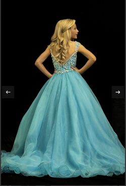 Style C146 Sugar Kayne Blue Sheer Girls Size Pageant Floor Length Ball gown on Queenly