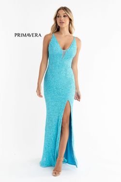 Style 3792 Primavera Light Blue Size 0 V Neck Euphoria Sequin Side slit Dress on Queenly