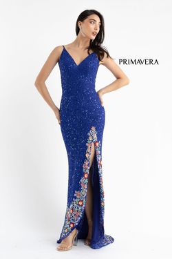 Style 3618 Primavera Royal Blue Size 8 Sequin Prom Spaghetti Strap Side slit Dress on Queenly