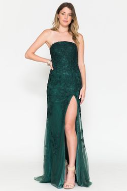 Style 7014 Amelia Couture Green Size 12 Sheer Straight Side slit Dress on Queenly